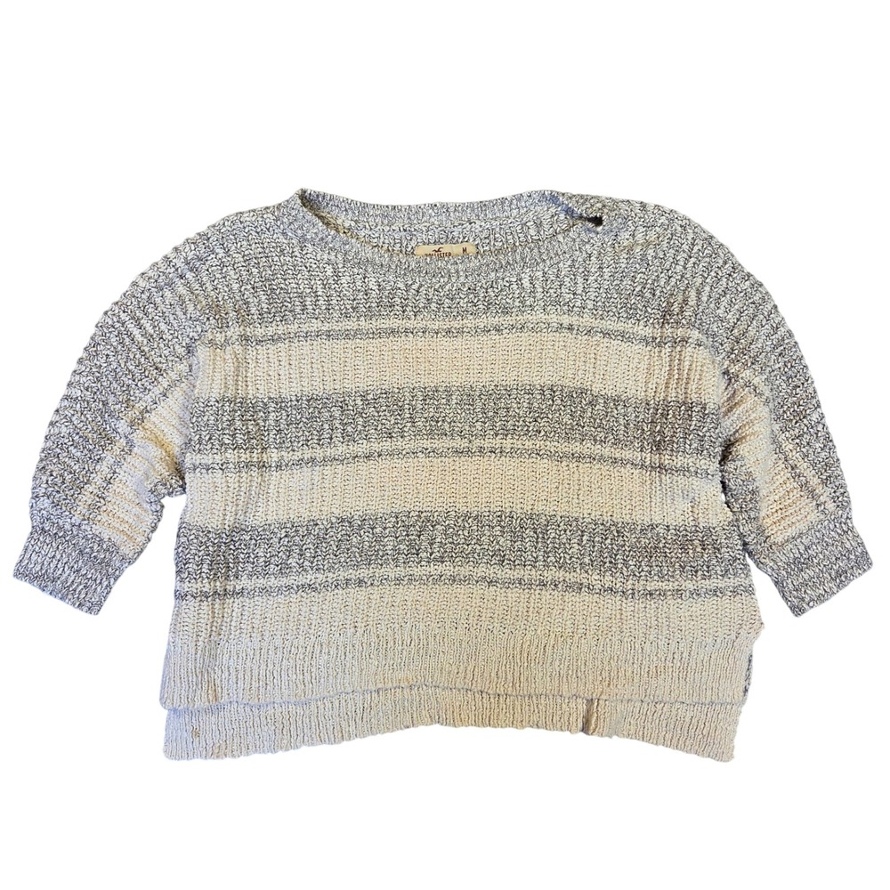 Hollister Womens Medium Striped Chunky Knit Cropped Sweater Grey Marled Y2k